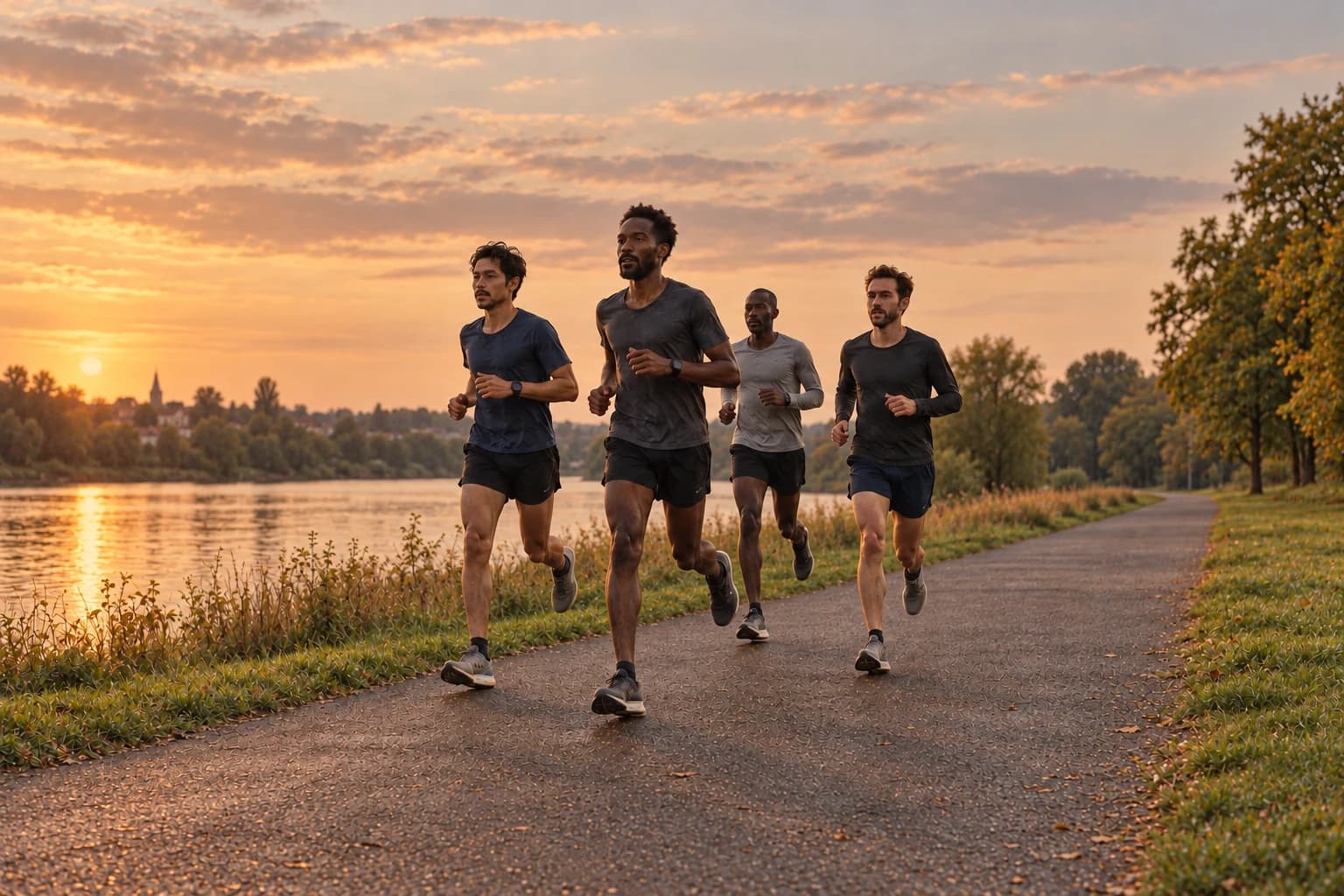 Four runners training together on a riverside path at sunset