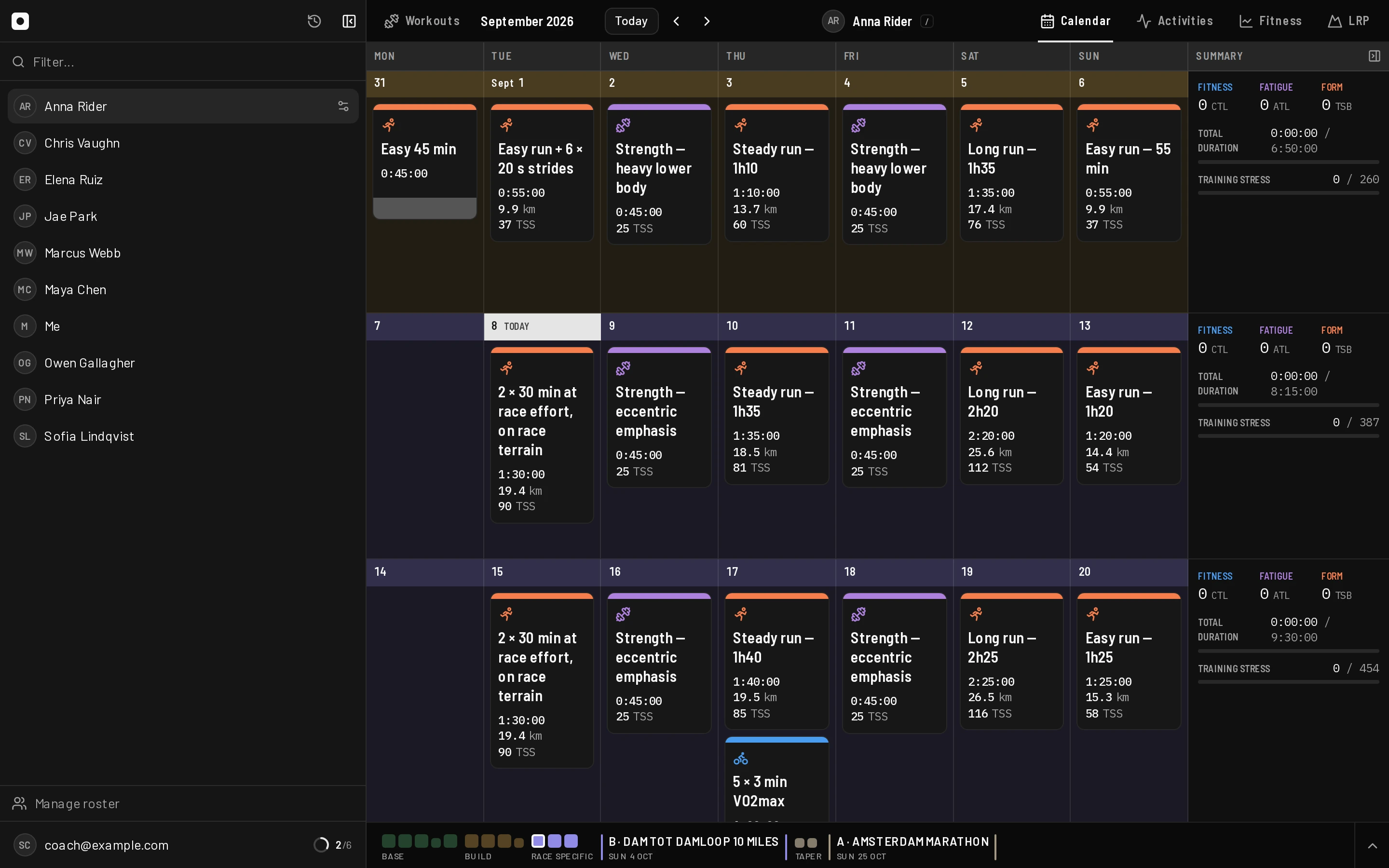 Athuno's calendar: an athlete's September, three weeks of runs and strength sessions with planned duration, distance and training stress, the roster on the left and weekly fitness totals on the right